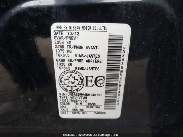 2013 Nissan Rogue S/sv მანქანა იყიდება აუქციონზე, vin: JN8AS5MV4DW149763, აუქციონის ნომერი: 12633030