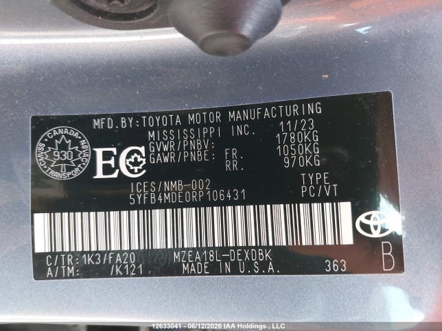 Продаж на аукціоні авто 2024 Toyota Corolla L, vin: 5YFB4MDE0RP106431, номер лоту: 12633041