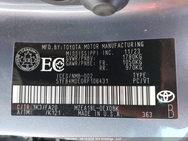 Продаж на аукціоні авто 2024 Toyota Corolla L, vin: 5YFB4MDE0RP106431, номер лоту: 12633041