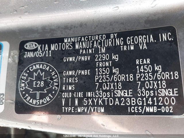 12633046 :رقم المزاد ، 5XYKTDA23BG141200 vin ، 2011 Kia Sorento Lx V6 مزاد بيع