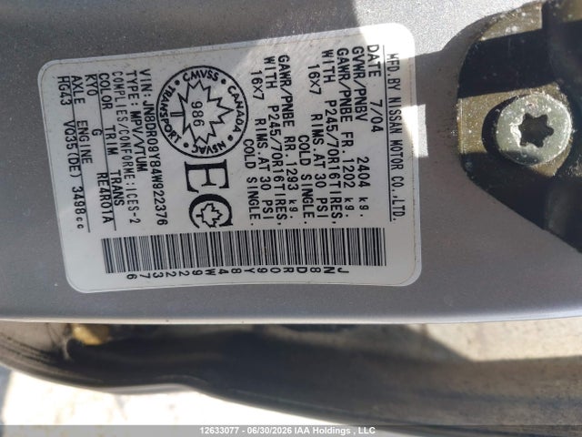 Aukcja sprzedaży 2004 Nissan Pathfinder Le/se, vin: JN8DR09Y84W922376, numer aukcji: 12633077