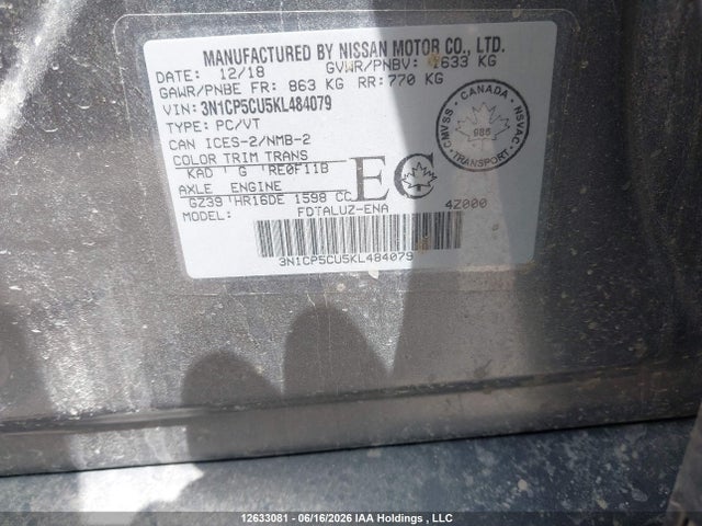 Aukcja sprzedaży 2019 Nissan Kicks S/sr/sv, vin: 3N1CP5CU5KL484079, numer aukcji: 12633081