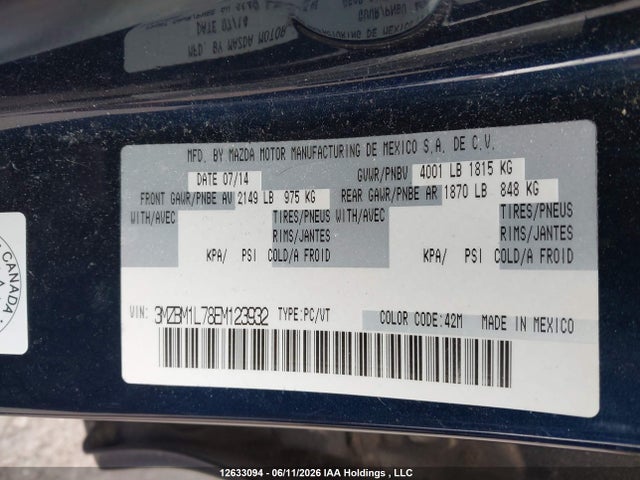 3MZBM1L78EM123932 Mazda MAZDA3