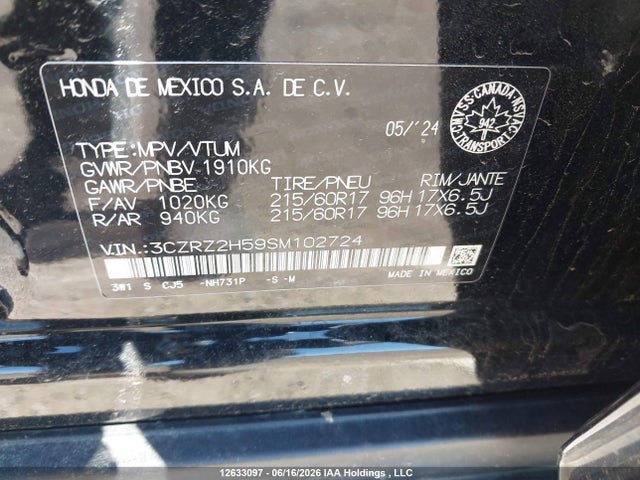 2025 Honda Hr-v Sport-b მანქანა იყიდება აუქციონზე, vin: 3CZRZ2H59SM102724, აუქციონის ნომერი: 12633097