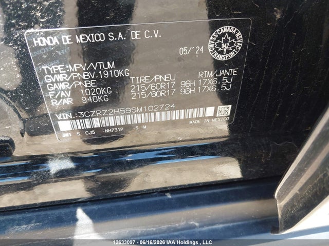 2025 Honda Hr-v Sport-b მანქანა იყიდება აუქციონზე, vin: 3CZRZ2H59SM102724, აუქციონის ნომერი: 12633097