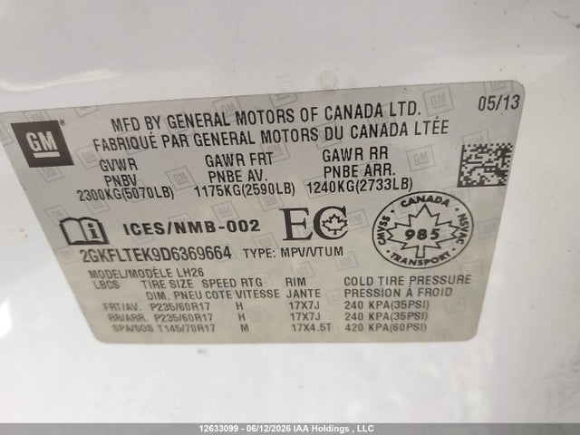 12633099 :رقم المزاد ، 2GKFLTEK9D6369664 vin ، 2013 Gmc Terrain مزاد بيع