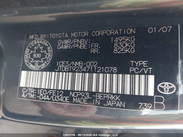 2007 Toyota Yaris მანქანა იყიდება აუქციონზე, vin: JTDBT923471121078, აუქციონის ნომერი: 12633105