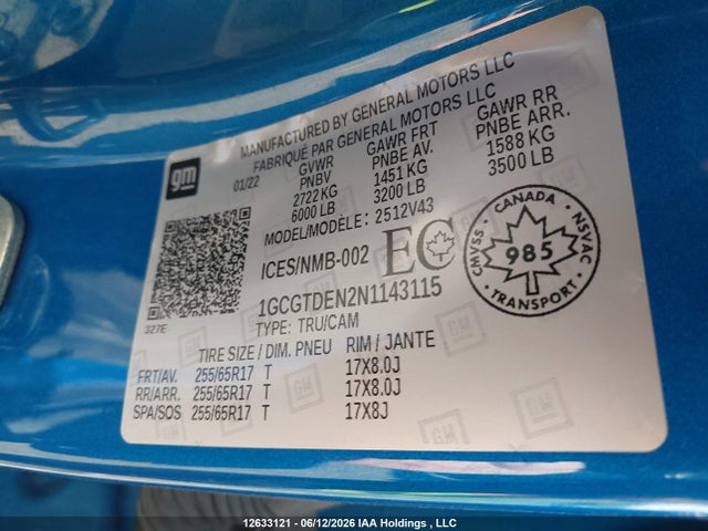 12633121 :رقم المزاد ، 1GCGTDEN2N1143115 vin ، 2022 Chevrolet Colorado Z71 مزاد بيع