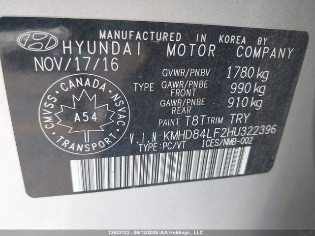 12633122 :رقم المزاد ، KMHD84LF2HU322396 vin ، 2017 Hyundai Elantra Se/value/limited مزاد بيع