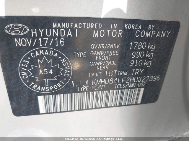 12633122 :رقم المزاد ، KMHD84LF2HU322396 vin ، 2017 Hyundai Elantra Se/value/limited مزاد بيع
