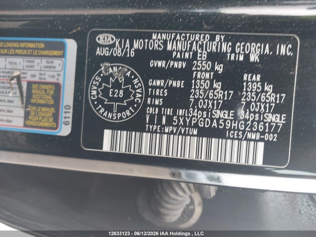 Aukcja sprzedaży 2017 Kia Sorento Lx/l, vin: 5XYPGDA59HG236177, numer aukcji: 12633123