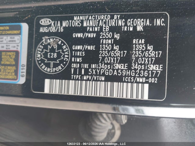 Aukcja sprzedaży 2017 Kia Sorento Lx/l, vin: 5XYPGDA59HG236177, numer aukcji: 12633123