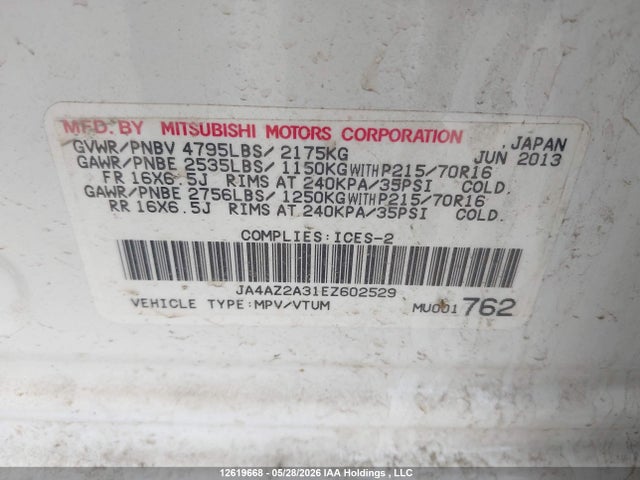 2014 Mitsubishi Outlander Es მანქანა იყიდება აუქციონზე, vin: JA4AZ2A31EZ602529, აუქციონის ნომერი: 12619668
