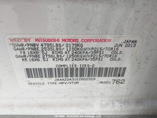 2014 Mitsubishi Outlander Es მანქანა იყიდება აუქციონზე, vin: JA4AZ2A31EZ602529, აუქციონის ნომერი: 12619668