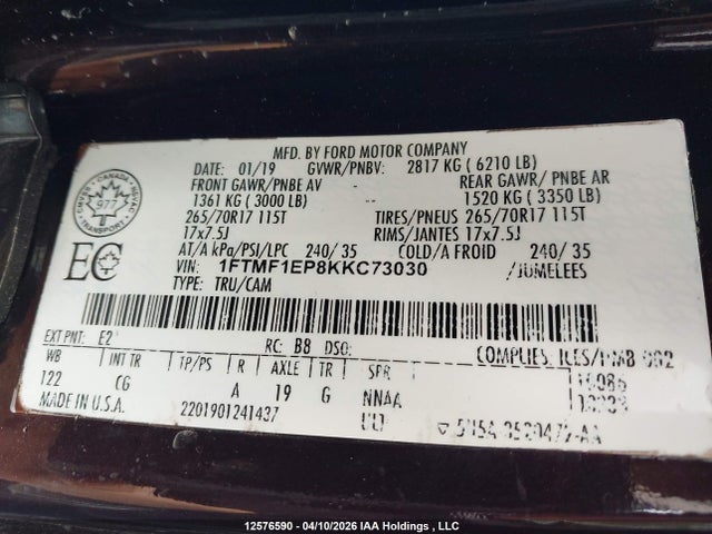 Aukcja sprzedaży 2019 Ford F-150 Xl, vin: 1FTMF1EP8KKC73030, numer aukcji: 12576590