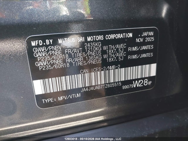 2026 Mitsubishi Outlander Es S-awc მანქანა იყიდება აუქციონზე, vin: JA4J4UAB7TZ605515, აუქციონის ნომერი: 12603018