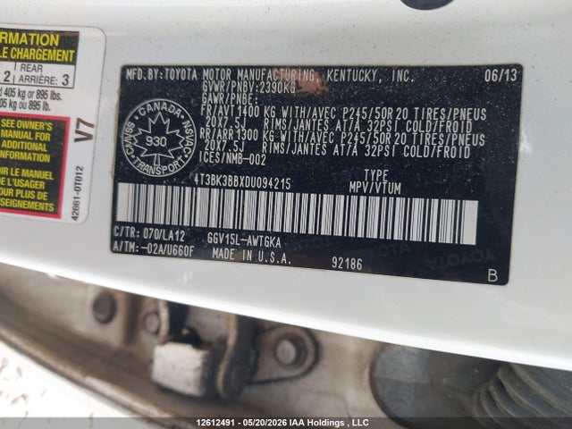 12612491 :رقم المزاد ، 4T3BK3BBXDU094215 vin ، 2013 Toyota Venza Base V6 مزاد بيع