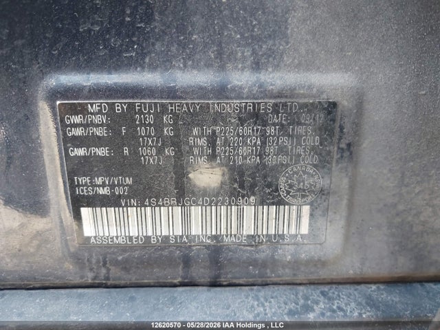12620570 :رقم المزاد ، 4S4BRJGC4D2230909 vin ، 2013 Subaru Outback 3.6r مزاد بيع