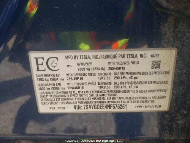 Aukcja sprzedaży 2022 Tesla Model Y, vin: 7SAYGDEE4NF576261, numer aukcji: 12633135