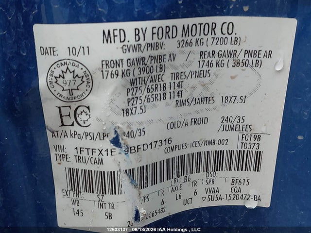 12633137 :رقم المزاد ، 1FTFX1EF9BFD17316 vin ، 2011 Ford F150 Super Cab مزاد بيع