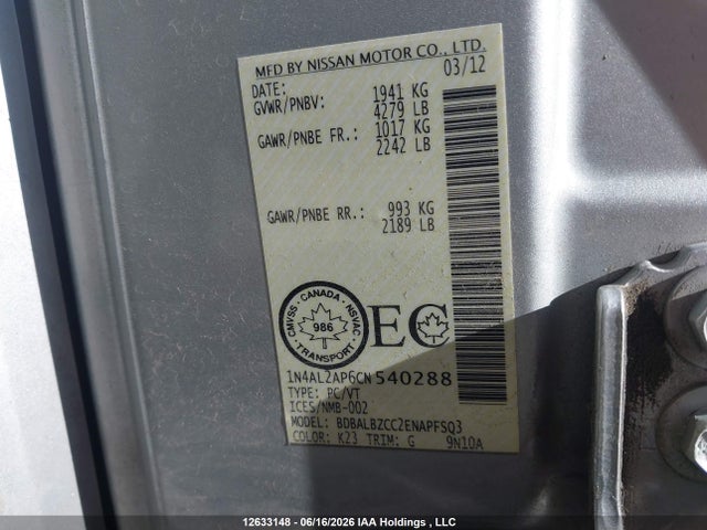 2012 Nissan Altima მანქანა იყიდება აუქციონზე, vin: 1N4AL2AP6CN540288, აუქციონის ნომერი: 12633148