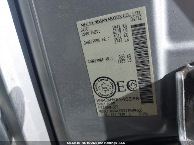 2012 Nissan Altima მანქანა იყიდება აუქციონზე, vin: 1N4AL2AP6CN540288, აუქციონის ნომერი: 12633148