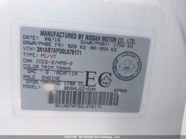 Aukcja sprzedaży 2016 Nissan Sentra 1.8 S/1.8 Sl/1.8 Sr/1.8 Sv, vin: 3N1AB7AP3GL676171, numer aukcji: 12633149
