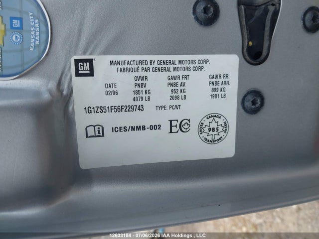 12633184 :رقم المزاد ، 1G1ZS51F56F229743 vin ، 2006 Chevrolet Malibu مزاد بيع
