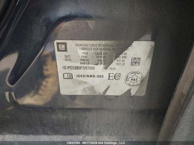 Aukcja sprzedaży 2015 Chevrolet Cruze Lt, vin: 1G1PC5SB5F7267998, numer aukcji: 12633194