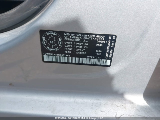 Продажа на аукционе авто 2012 Volkswagen Passat 2.5l Highline, vin: 1VWCH7A31CC002461, номер лота: 12633200