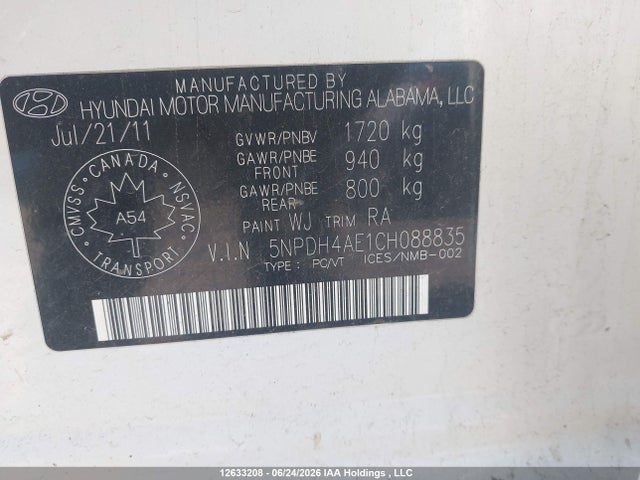 12633208 :رقم المزاد ، 5NPDH4AE1CH088835 vin ، 2012 Hyundai Elantra Gls مزاد بيع