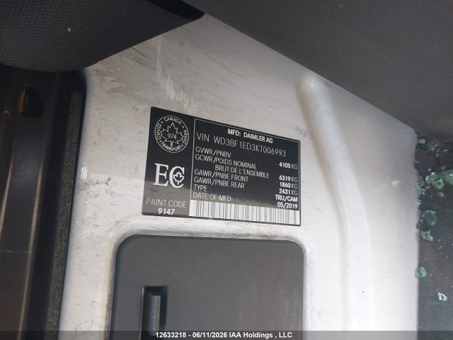 2019 Mercedes-benz Sprinter 2500 High Roof V6 მანქანა იყიდება აუქციონზე, vin: WD3BF1ED3KT006993, აუქციონის ნომერი: 12633218