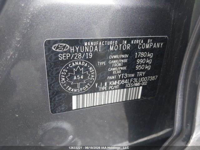 12633221 :رقم المزاد ، KMHD84LF3LU007387 vin ، 2020 Hyundai Elantra مزاد بيع
