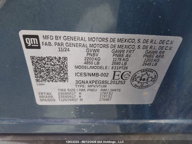 2025 Chevrolet Equinox Lt Awd მანქანა იყიდება აუქციონზე, vin: 3GNAXPEG8SL201253, აუქციონის ნომერი: 12633224