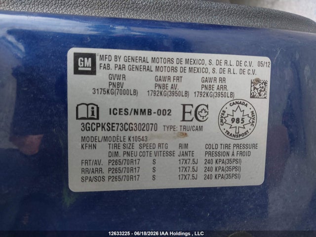 Продаж на аукціоні авто 2012 Chevrolet Silverado K1500 Lt, vin: 3GCPKSE73CG302070, номер лоту: 12633225