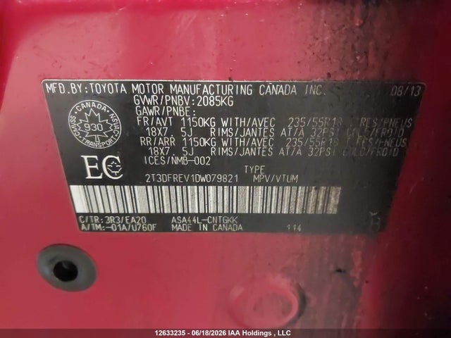 Продаж на аукціоні авто 2013 Toyota Rav4 Limited, vin: 2T3DFREV1DW079821, номер лоту: 12633235