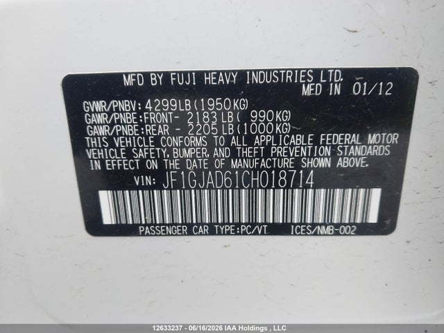 Продажа на аукционе авто 2012 Subaru Impreza 2.0i Touring Package, vin: JF1GJAD61CH018714, номер лота: 12633237