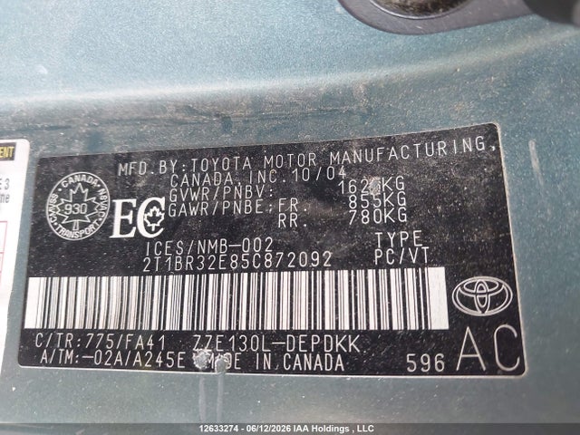 12633274 :رقم المزاد ، 2T1BR32E85C872092 vin ، 2005 Toyota Corolla Ce/le/sport مزاد بيع