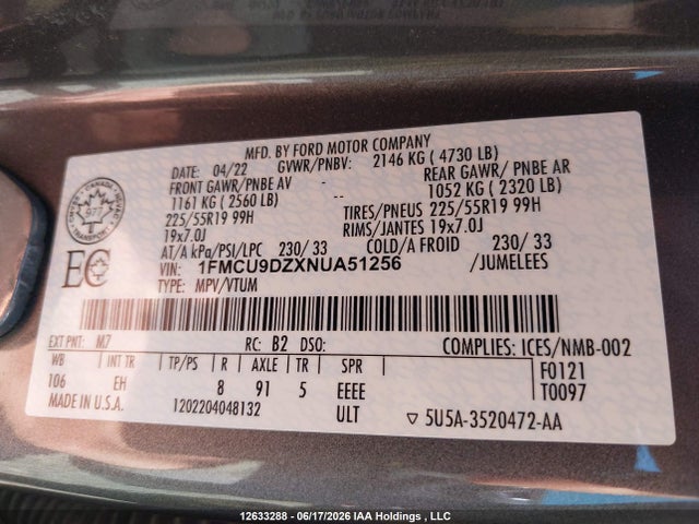 12633288 :رقم المزاد ، 1FMCU9DZXNUA51256 vin ، 2022 Ford Escape مزاد بيع