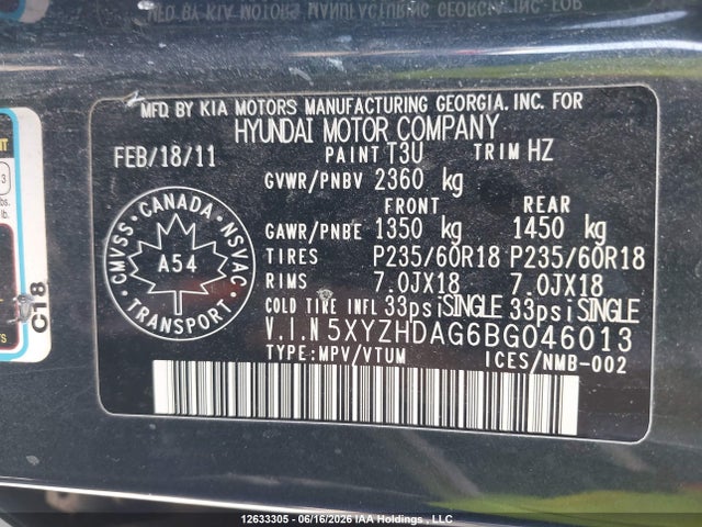 2011 Hyundai Santa Fe Se მანქანა იყიდება აუქციონზე, vin: 5XYZHDAG6BG046013, აუქციონის ნომერი: 12633305