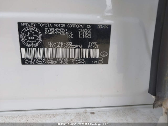 12633313 :رقم المزاد ، JTHCL46F395002976 vin ، 2009 Lexus Ls 460 مزاد بيع