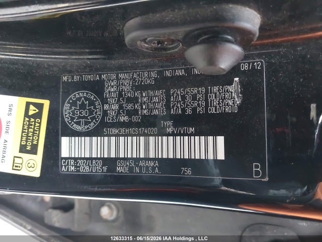 Продажа на аукционе авто 2012 Toyota Highlander, vin: 5TDBK3EH1CS174020, номер лота: 12633315