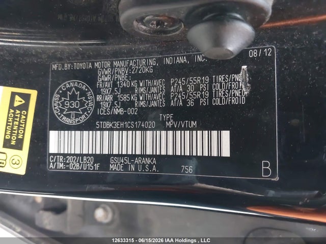 Продажа на аукционе авто 2012 Toyota Highlander, vin: 5TDBK3EH1CS174020, номер лота: 12633315