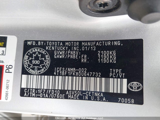 12633325 :رقم المزاد ، 4T1BF1FK8DU647732 vin ، 2013 Toyota Camry Le مزاد بيع