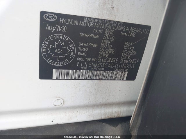 Продаж на аукціоні авто 2020 Hyundai Santa Fe Sel/sel Plus, vin: 5NMS3CAD4LH269013, номер лоту: 12633334