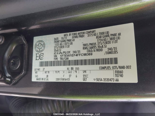 12633345 :رقم المزاد ، 1FTEW1EF4FFC98369 vin ، 2015 Ford F-150 مزاد بيع