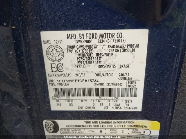 12633346 :رقم المزاد ، 1FTFW1EF1CFA15734 vin ، 2012 Ford F-150 Xlt مزاد بيع