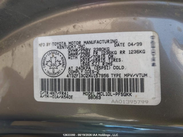 Aukcja sprzedaży 1999 Toyota Sienna Le V6, vin: 4T3ZF13C2XU157956, numer aukcji: 12633350
