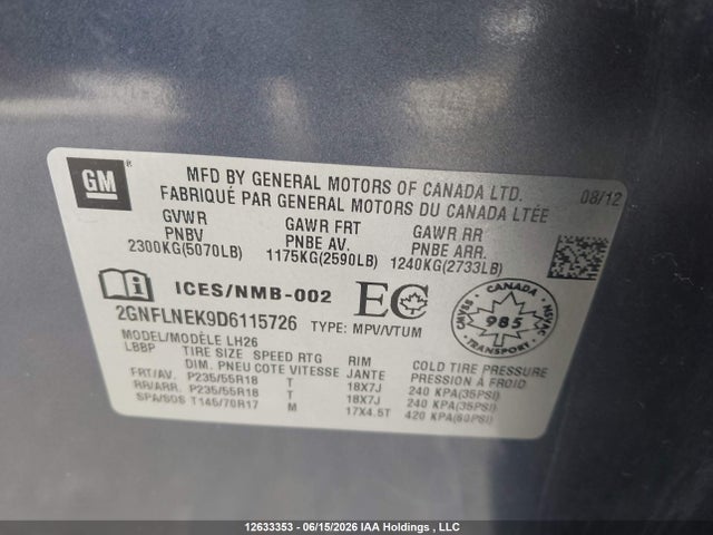 Aukcja sprzedaży 2013 Chevrolet Equinox Lt, vin: 2GNFLNEK9D6115726, numer aukcji: 12633353