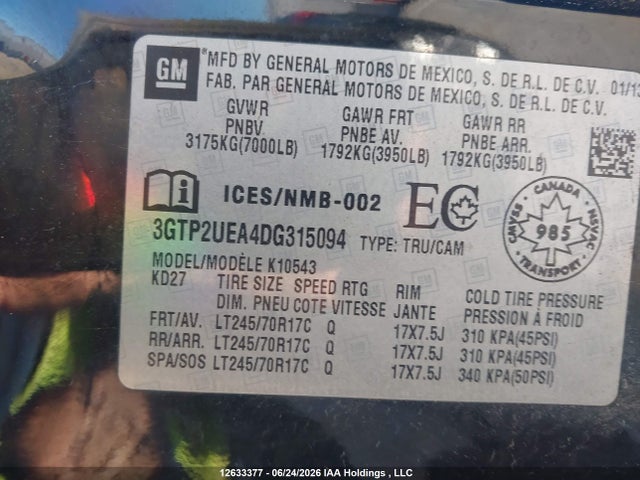 Aukcja sprzedaży 2013 Gmc Sierra 1500, vin: 3GTP2UEA4DG315094, numer aukcji: 12633377